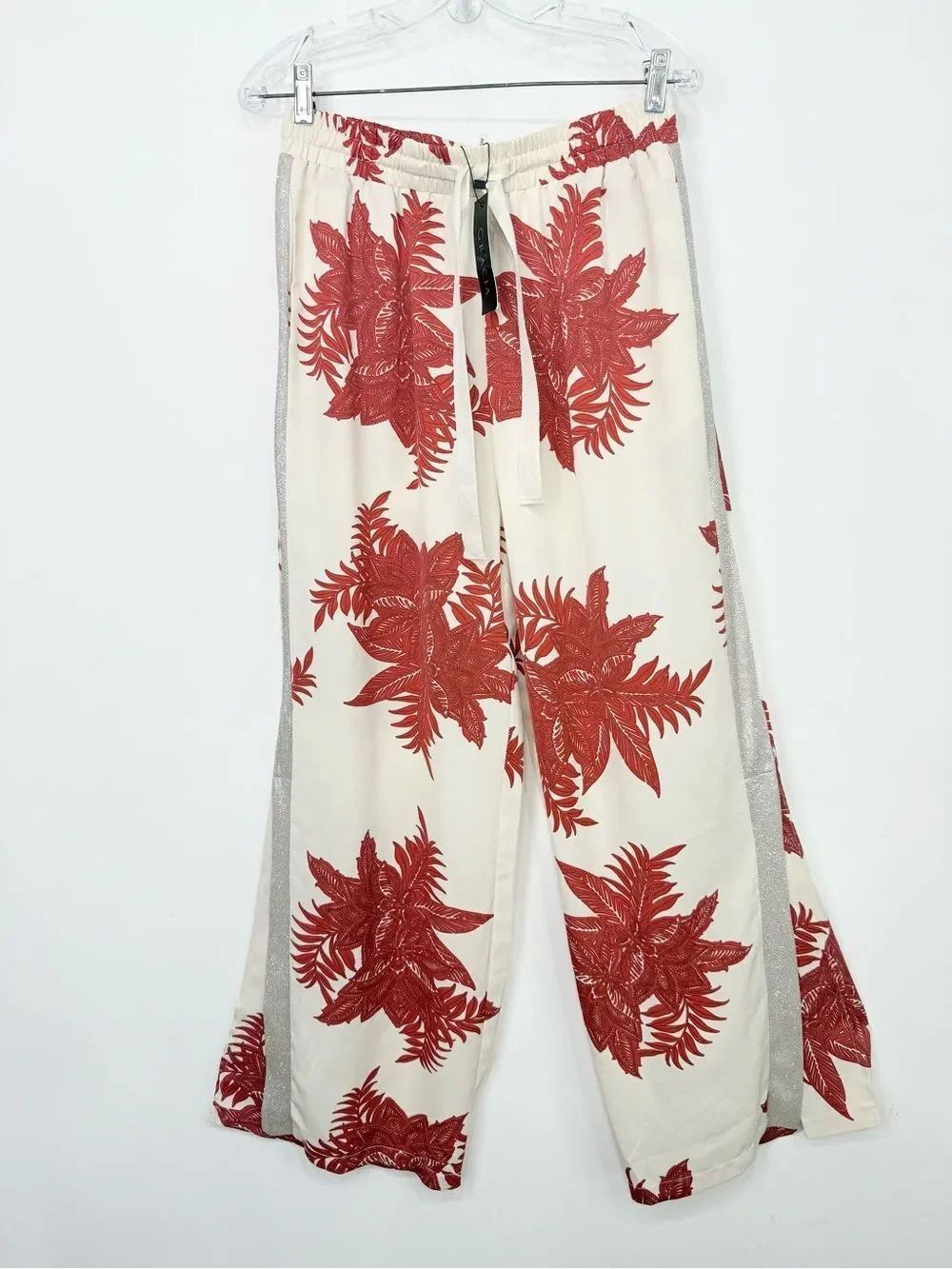 Gracia Cream Red Tropical Silver Sparkle Stripe Slit Leg Flowy Trouser Pants NEW